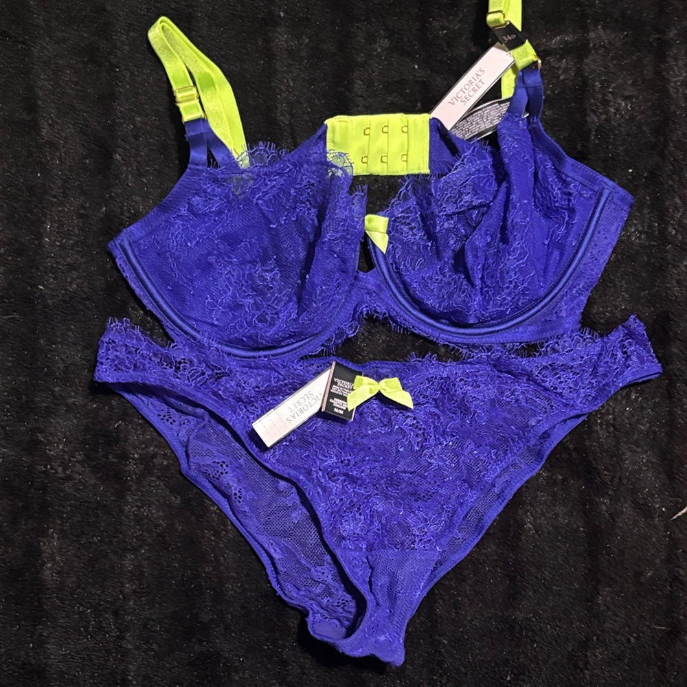 Victoria's Secret Cobalt Blue and Lime Lace Bra Set